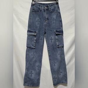 ROMWE Grunge Punk Cross Print Flap Pocket Cargo Jeans Y2K